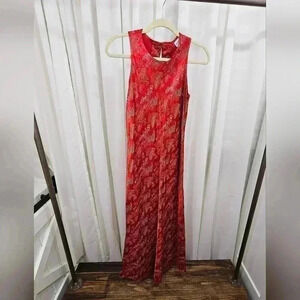 Vintage 90s Breakin Loose Asian Print Red Sleeveless Maxi Dress Flawed